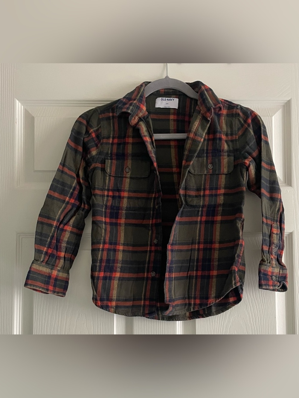 Old Navy Boy's Olive Green & Red Plaid Button-Down Shirt